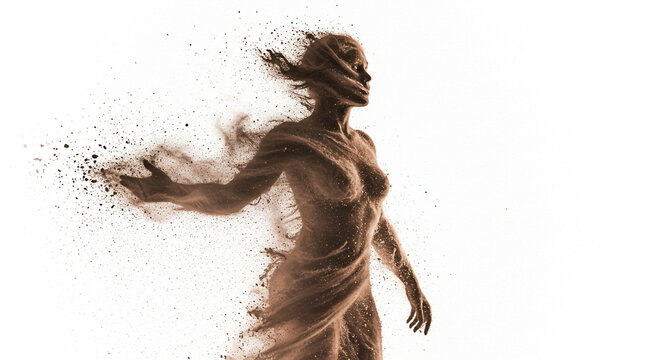 Abstract digital art of a human figure dissolving into pixels and particles against a stark white background isolated on white background