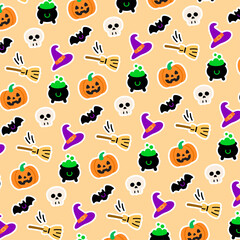 A cheerful Halloween pattern featuring pumpkins, witches' hats, skulls, bats, and cauldrons.