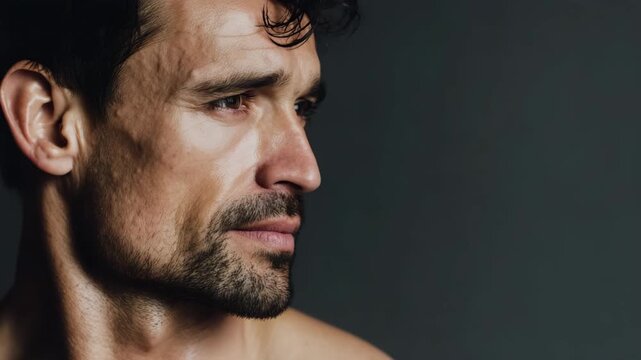 portrait of man with strong neck and sweaty hair emphasizing muscularity and strength