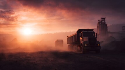 Heavy dump trucks move through dust at sunset in an industrial landscape