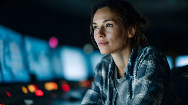 A focused woman wearing a plaid shirt works intently in a dimly lit control room filled with glowing monitors - Powered by Adobe