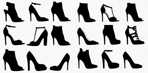 An array of high heel shoe silhouettes, showcasing various styles including pumps, sandals, and ankle boots.