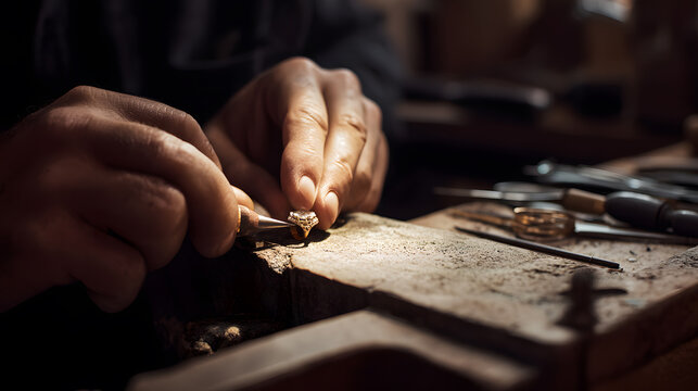 Jeweler crafting a ring with tools in traditional workshop - Powered by Adobe