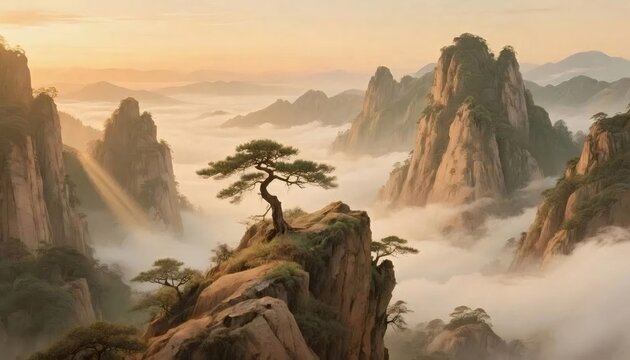 岩の多い山頂に立つ一本の木と朝霧の風景
