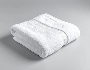 "Luxury spa-style towel, pure white, laid diagonally on a plain matte grey background. Close-up clarity of edges and fibers with soft natural shadows. 1:1 ratio, HD."