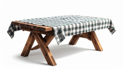 Wooden picnic table with black-and-white checkered tablecloth, symbolizing outdoor gathering, rustic charm, and communal simplicity.