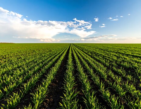 Wide field of young green wheat