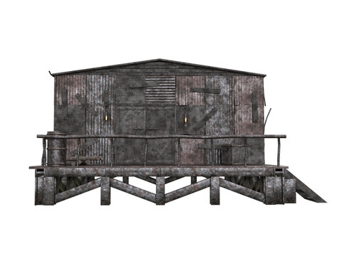 Post apocalyptic shelter building constructed from scrap metal and wood. Isolated 3D render.