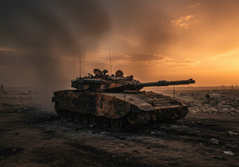 Destroyed and burned tank in a war destroyed city ruin