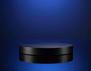 Black podium on glossy reflective floor with indigo gradient