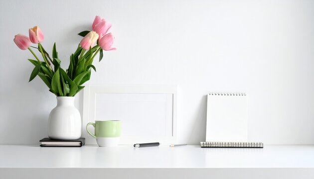 Pink Tulips in White Vase on White Shelf with Blank Frames and Mug