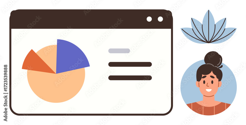 Poster pie chart on a browser window with text elements, user avatar, and abstract decorative flower. ideal