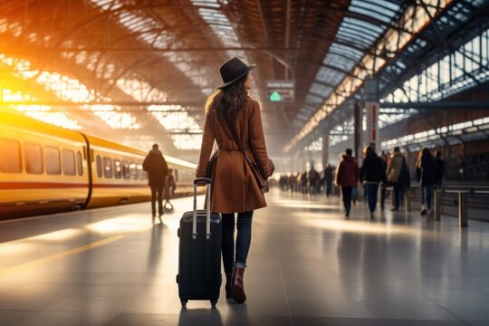 Luggage walking train station.