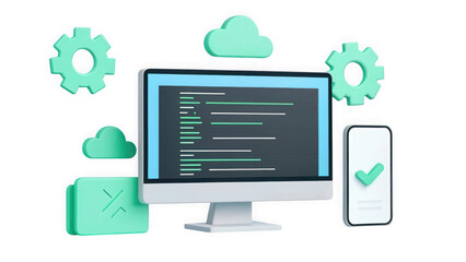Computer and mobile devices with cloud technology and gears isolated on transparent background
