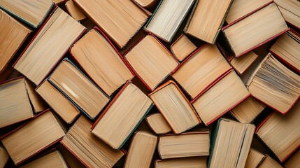Beige and white stacked books top view flat lay background for study decor
