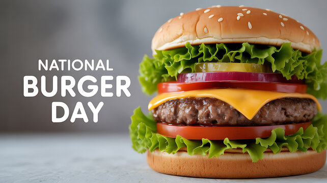 A close-up of a classic hamburger with lettuce, tomato, onion, cheese, and beef patty, celebrating National Burger Day