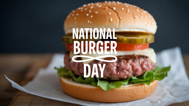 A close-up of a classic burger with lettuce, tomato, pickles, and cheese on a sesame seed bun, celebrating National Burger Day.