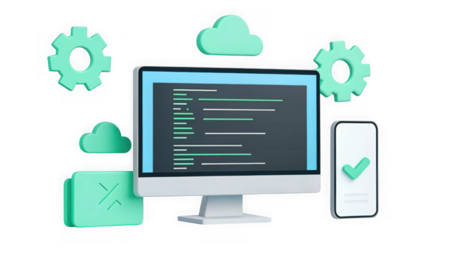 Computer and mobile devices with cloud technology and gears isolated on transparent background