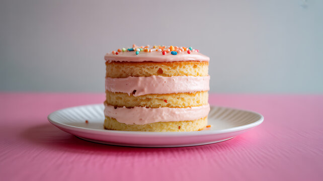 A small layered cake with pink frosting and colorful sprinkles on a white plate against a pink background