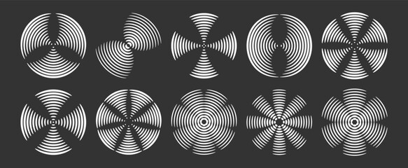 Dynamic geometric rotating round elements, figures in Y2k style. Abstract Wi-Fi icon, symbol. Spinning airplane propeller. Isolated vector EPS10