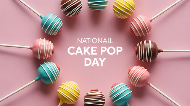 Colorful cake pops arranged in a circle on a pink background celebrating National Cake Pop Day