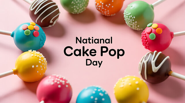 Colorful cake pops arranged in a circle on a pink background with text celebrating National Cake Pop Day
