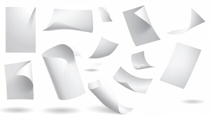 A collection of blank white papers of various sizes and shapes, shown in mid-air with realistic shadows and page curls, suggesting movement and lightness