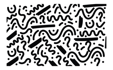 Chaotic black abstract shapes on white background, visually dynamic.