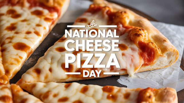 Slices of cheese pizza displayed on a tray with text celebrating National Cheese Pizza Day