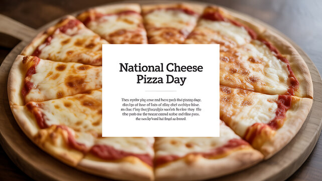 National Cheese Pizza Day celebration with a freshly baked cheese pizza on a wooden board
