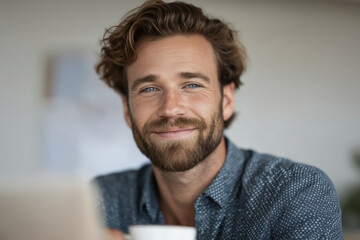 Obraz premium Happy Young Man Sitting at Desk in Bright and Sunny Home Environment