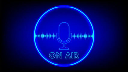 An illustration of a microphone with a live signal and sound waves on a dark blue background.