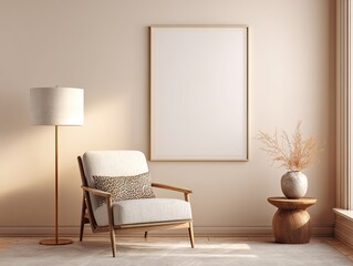 Beige minimalist room with armchair, lamp, and framed art