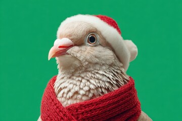 Dove wearing Santa Claus Hat on a green color background. Copy space for your text. Cute funny pigeon dressed carnival clothes, red costume. Humor, winter concept. Bird wear warm scarf. Xmas party.