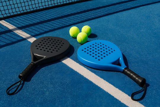 Two black and blue padel rackets with three balls on a blue court next to the net, ready for a game