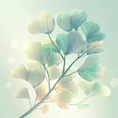 Ethereal botanic illustration with pastel foliage and soft, glowing light effects