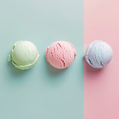 Three pastel-colored ice cream scoops arranged on a two-toned background of mint and pink.  A minimalist, visually appealing food photography composition