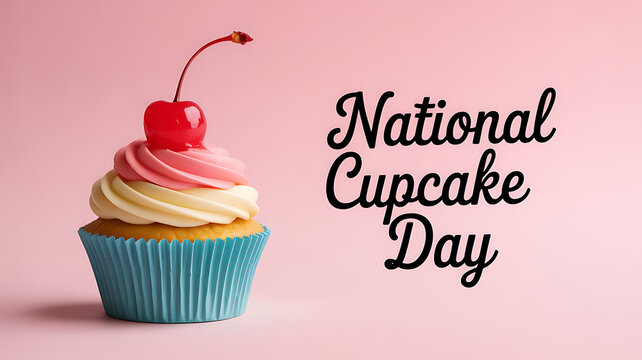 A cupcake with pink and white frosting topped with a cherry on a pink background, celebrating National Cupcake Day