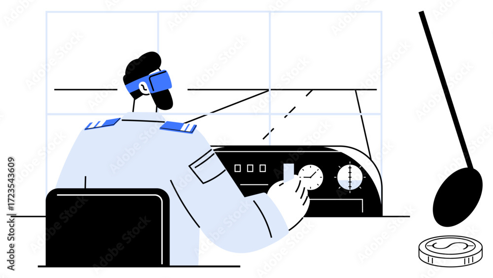 Aufkleber air traffic controller operating control panel, monitoring flight paths on multiple screens, headset