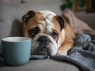Sick Bulldog on Sofa with Tea Cup