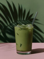 Fresh Iced Matcha Beverage on Modern Floral Background