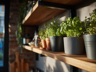 Indoor Herb Garden on Kitchen Shelf with Fresh Green Plants
