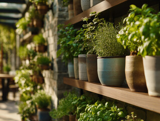 Indoor Herb Garden on Kitchen Shelf with Fresh Green Plants