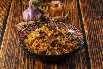 Asian traditional pilaf with beef