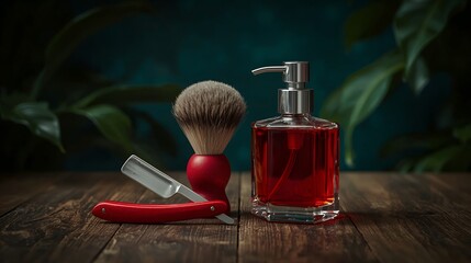 Red shaving accessories on wooden surface with razor, brush, pump dispenser and glass bottle with red liquid