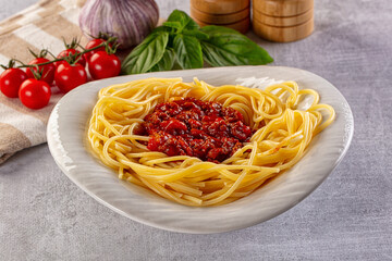 Italian pasta spaghetti bolognese with minced beef meat and tomato sauce