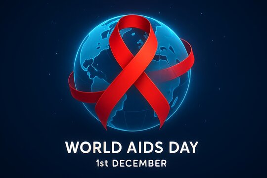 Red ribbon symbolizing world aids day awareness on a digital globe background - Powered by Adobe