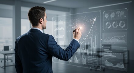 Executive strategizing investment gains on modern digital accounting screen