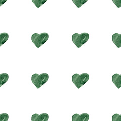 Hand drawn hearts. Green watercolor. Seamless festive pattern for your design. White background