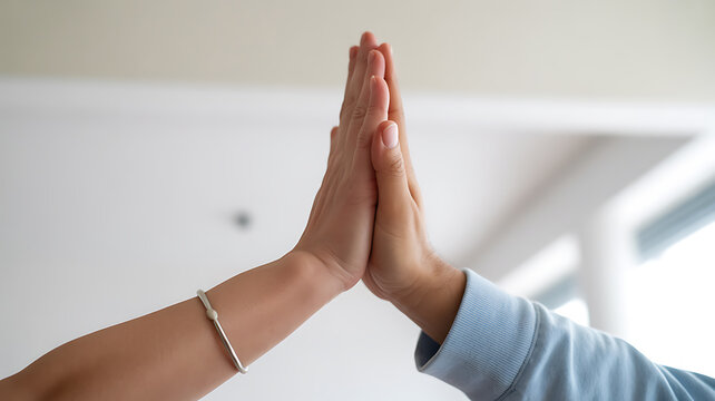 Two individuals clapping hands together in a high-five gesture indoors